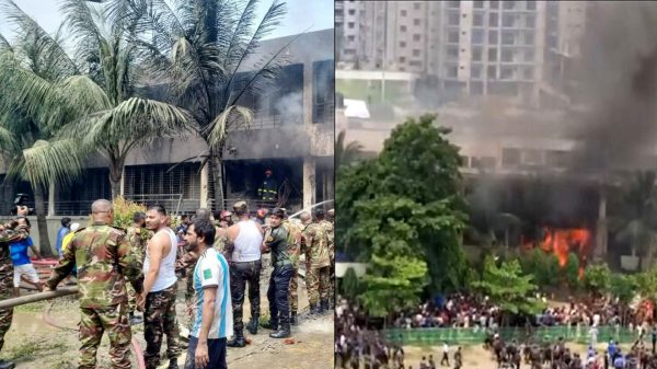 মাইলস্টোন কলেজে বিধ্বস্ত বিমান ও উদ্ধার অভিযানে ব্যস্ত ফায়ার সার্ভিস সদস্যরা, পাশে ভিড় করেছেন অভিভাবক ও স্থানীয়রা।