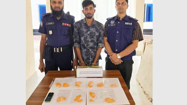 চাটখিলে পুলিশ অভিযানে গ্রেফতার হওয়া কক্সবাজারের ইয়াবা ব্যবসায়ী কাজল, উদ্ধারকৃত ৯৫০ পিস ইয়াবাসহ।