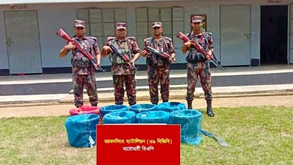 বিজিবি সদস্যদের অভিযানে শেরপুর সীমান্তে জব্দ হওয়া ৬৩ কেজি শিং মাছের ছবি
