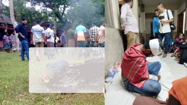 নালিতাবাড়ীর মৈত্রী কলেজে সংঘর্ষের পর জ্বলন্ত মোটরসাইকেল ও আহত শিক্ষার্থী