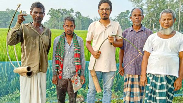চিরিরবন্দরের ধানক্ষেতে ইঁদুর নিধনে ব্যবহৃত বাঁশের চোঙ্গার ফাঁদ