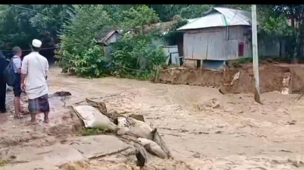 শেরপুরে মহারশি নদীর বাঁধ ভেঙে গ্রাম প্লাবিত—ডুবে গেছে ঘরবাড়ি, রাস্তা ও ফসলি জমি।