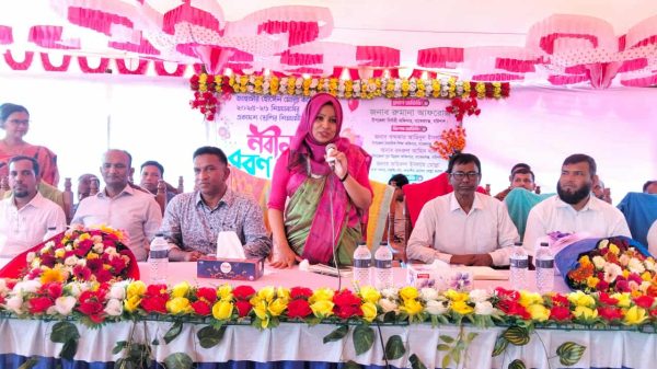 বাকেরগঞ্জ জাহাঙ্গীর হোসেন মোল্লা কলেজের নবীন বরণ অনুষ্ঠানে অতিথি ও শিক্ষার্থীরা উপস্থিত।