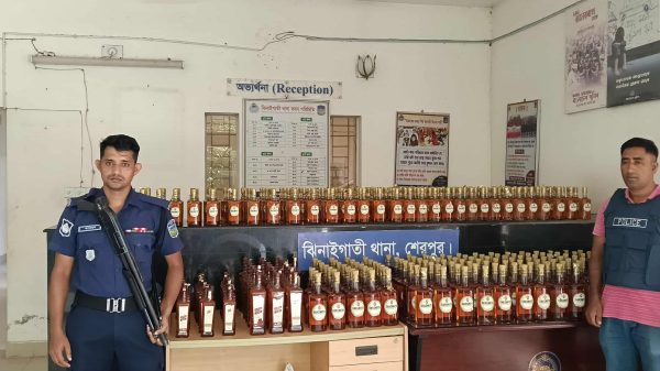 ঝিনাইগাতী সীমান্তে বিশেষ অভিযানে ৩৮০ বোতল বিদেশী মদ জব্দ করেছে পুলিশ