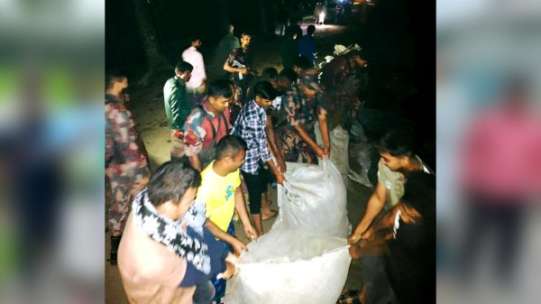 নীলফামারীর ডিমলায় তিস্তা নদীর স্রোতের মধ্যে বাঁধ রক্ষায় বিজিবির জওয়ানদের জীবনবিপন্ন অভিযান।