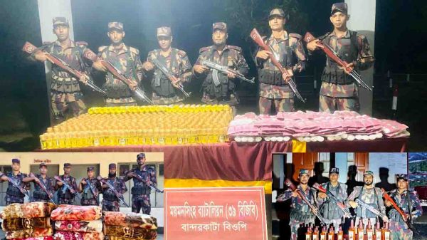 ময়মনসিংহ–শেরপুর সীমান্তে বিজিবি অভিযানে জব্দ করা ভারতীয় চোরাচালানী মালামাল ও মাদকদ্রব্য