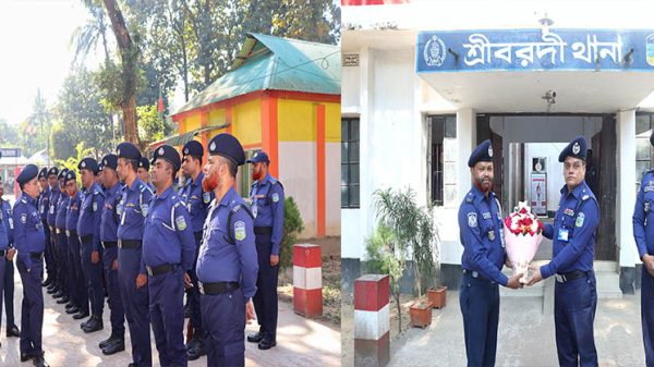 শেরপুর পুলিশ সুপার মোঃ কামরুল ইসলামের শ্রীবরদী ও ঝিনাইগাতী থানায় পরিদর্শনের দৃশ্য।