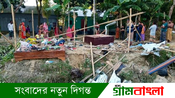 ঝিনাইগাতীতে জমি বিরোধকে কেন্দ্র করে হামলার পর ভাঙচুর হওয়া বসতবাড়ির দৃশ্য